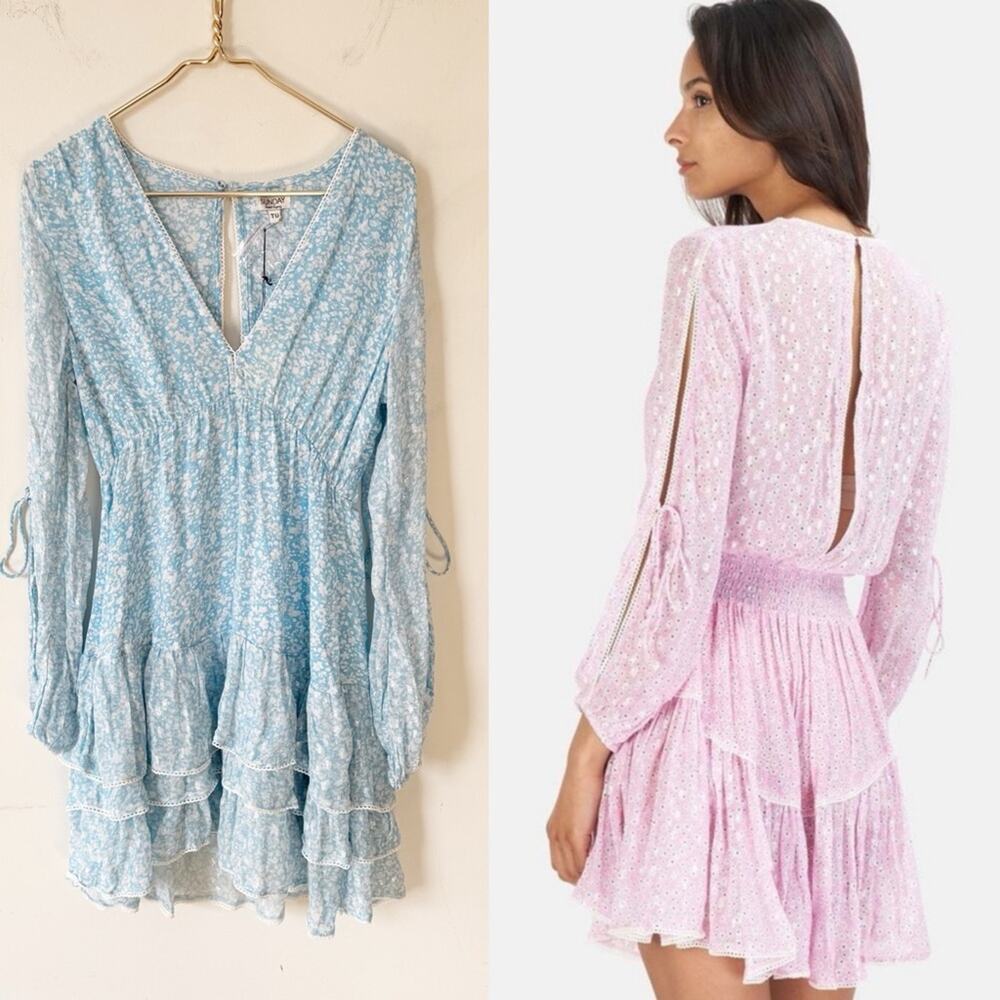 NWT Sunday Saint Tropez Blue Floral Metallic Ruffle Monica Mini Dress OS / M